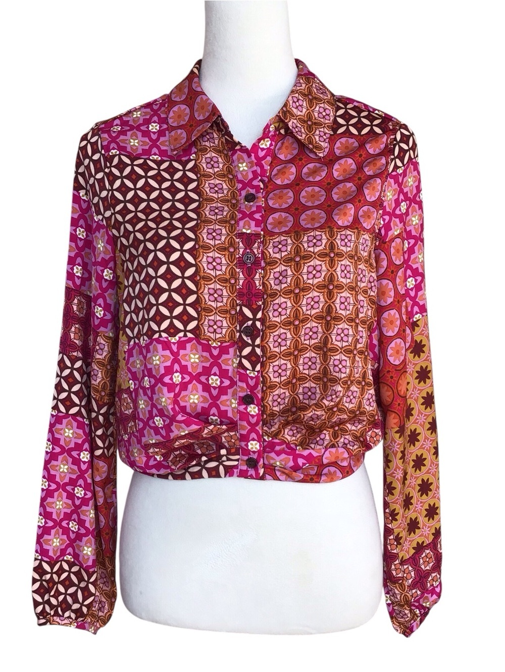 Drew Patchwork Patterned Pink and Brown Long Sleeve Button Down Top NEW